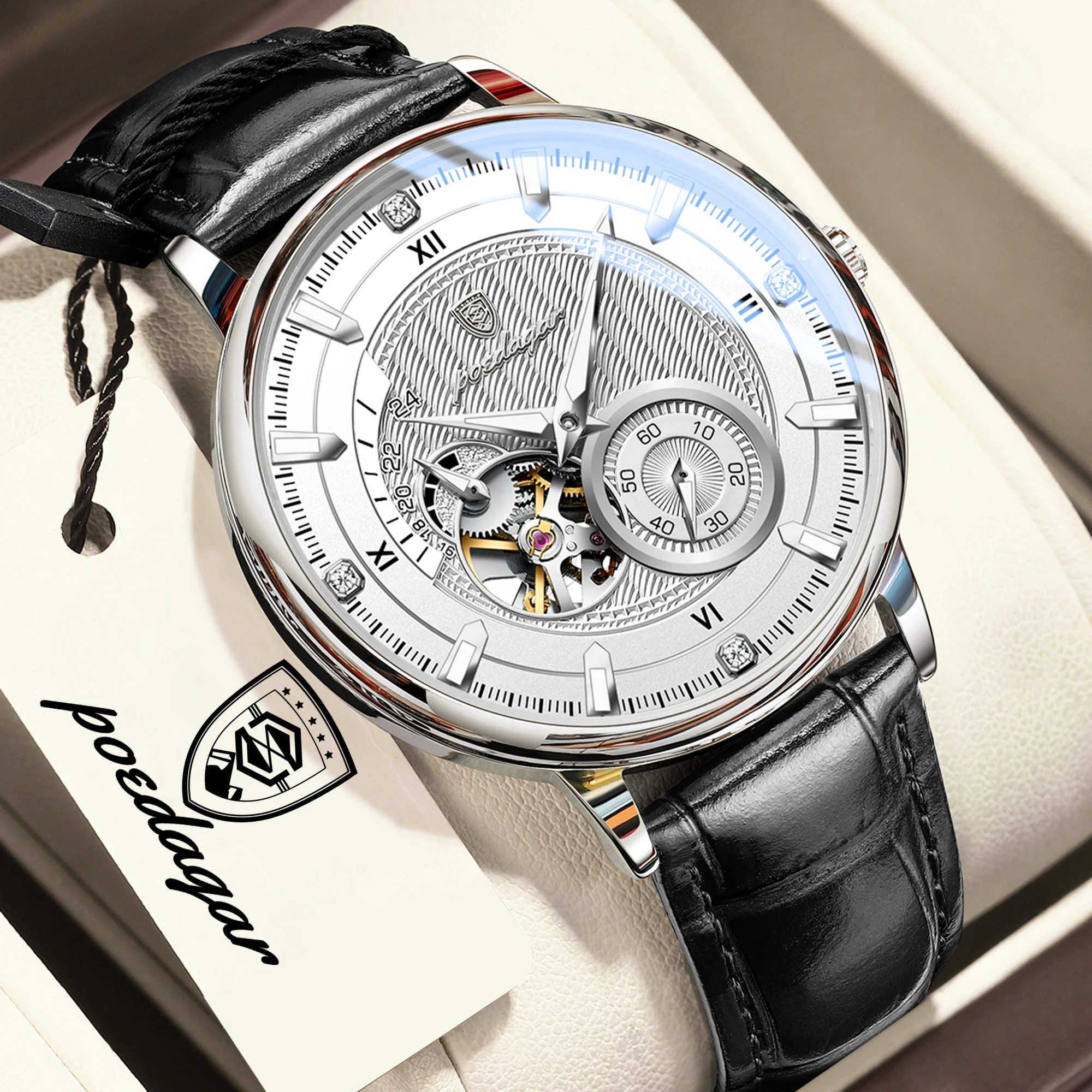 POEDAGAR Top Fashion Men Watch Luminous Waterproof Hollow Tourbillon Leather Male Clock Automatic Mechanical Sport Men's Watches