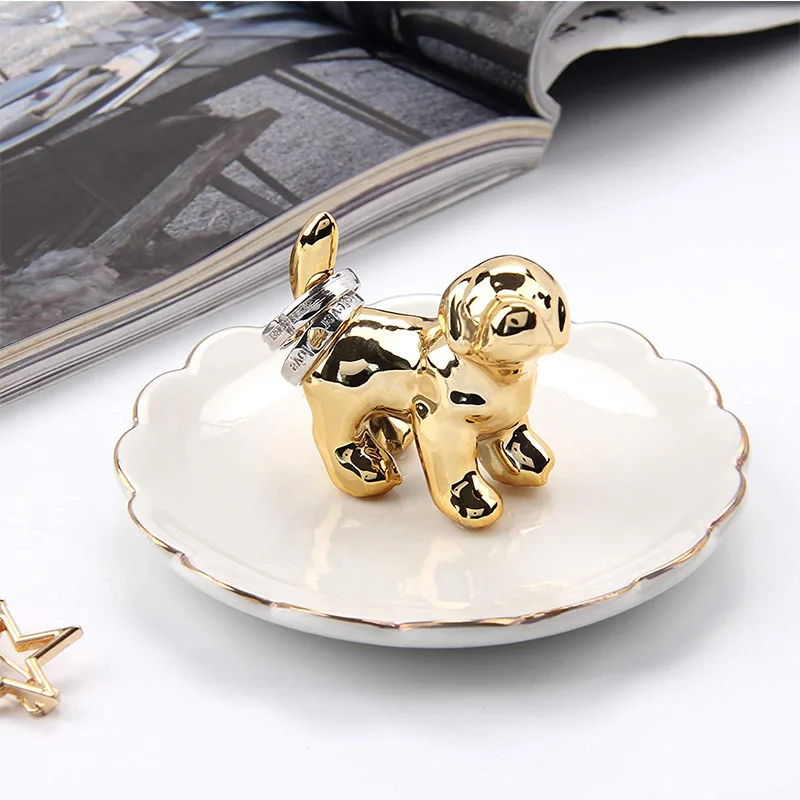 Nordic Luxury Ceramic Dog Jewelry Tray Bathroom Decorative Accessories Ring Holder Storage Rack European Style Home Organizer
