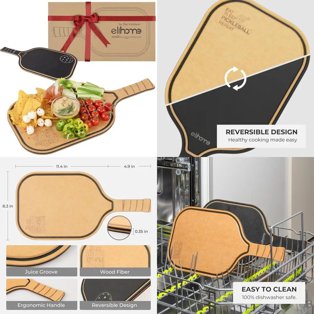 

Wooden Pickleball-Shaped Charcuterie Board, 16x8.5, Reversible, Dishwasher Safe, Grooved for Juices, Ideal Gift for Enthusiasts