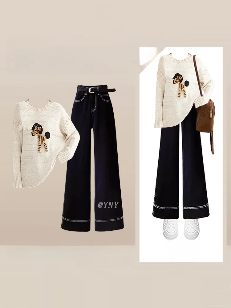 

Шикарный вязаный свитер и джинсы с высокой талией, женский комплект из двух предметов, зимний колледж Sle Agel Elegance V Ne Long Sve