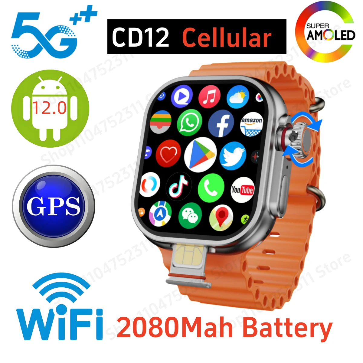 

GOLDENSPIKE CD12 Smartwatch Android 12.0 5G LTE Sim Card Rotary Camera 2.26 inch Amoled 490*580 HD Screen 2080Mah Smart Watch