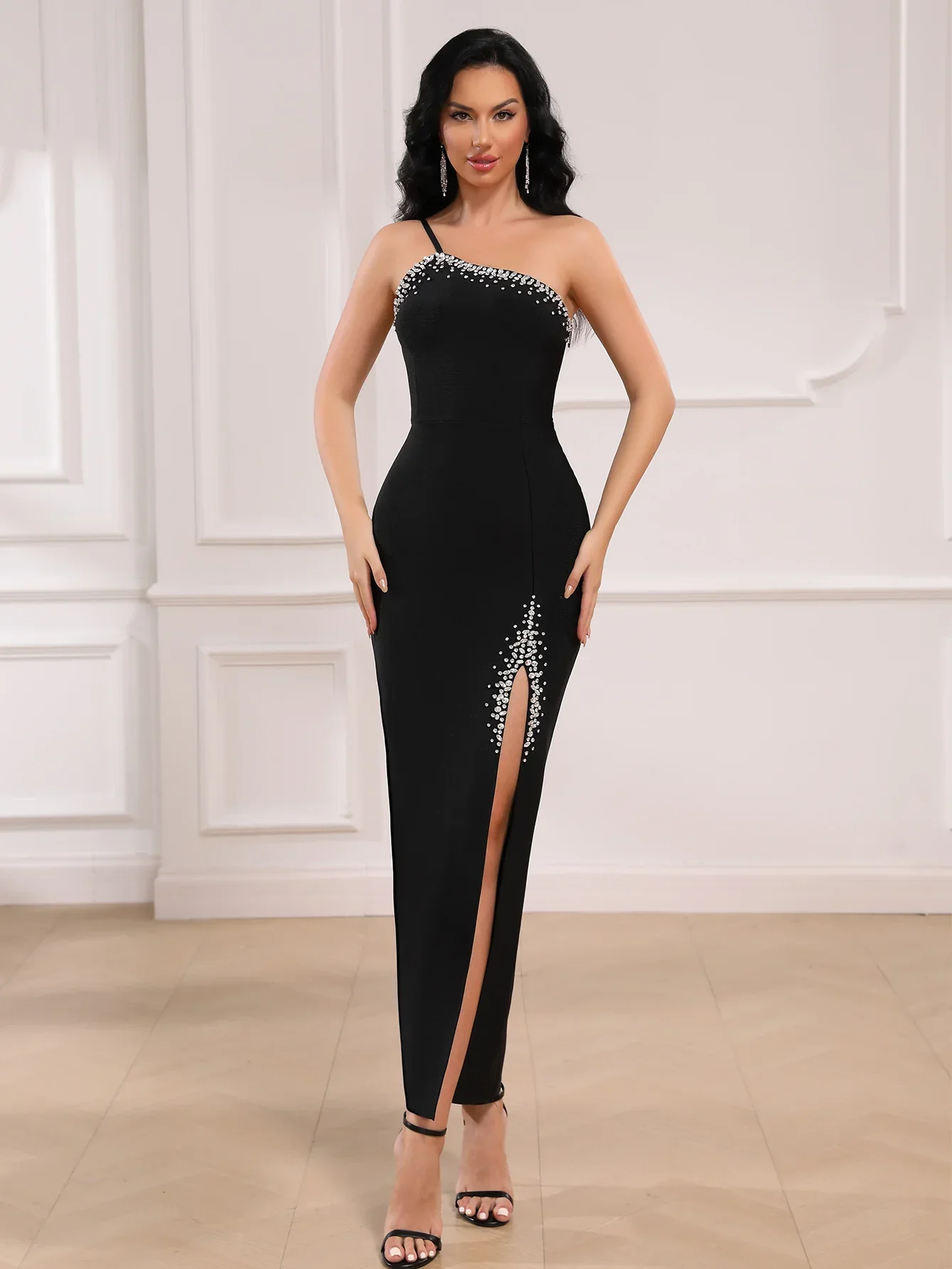 Solid Color Bandage Dress for Women One Shoulder Luxury Handmade Beaded Sexy Hip-wrapped Slit Elegant Dinner Cocktail Dress