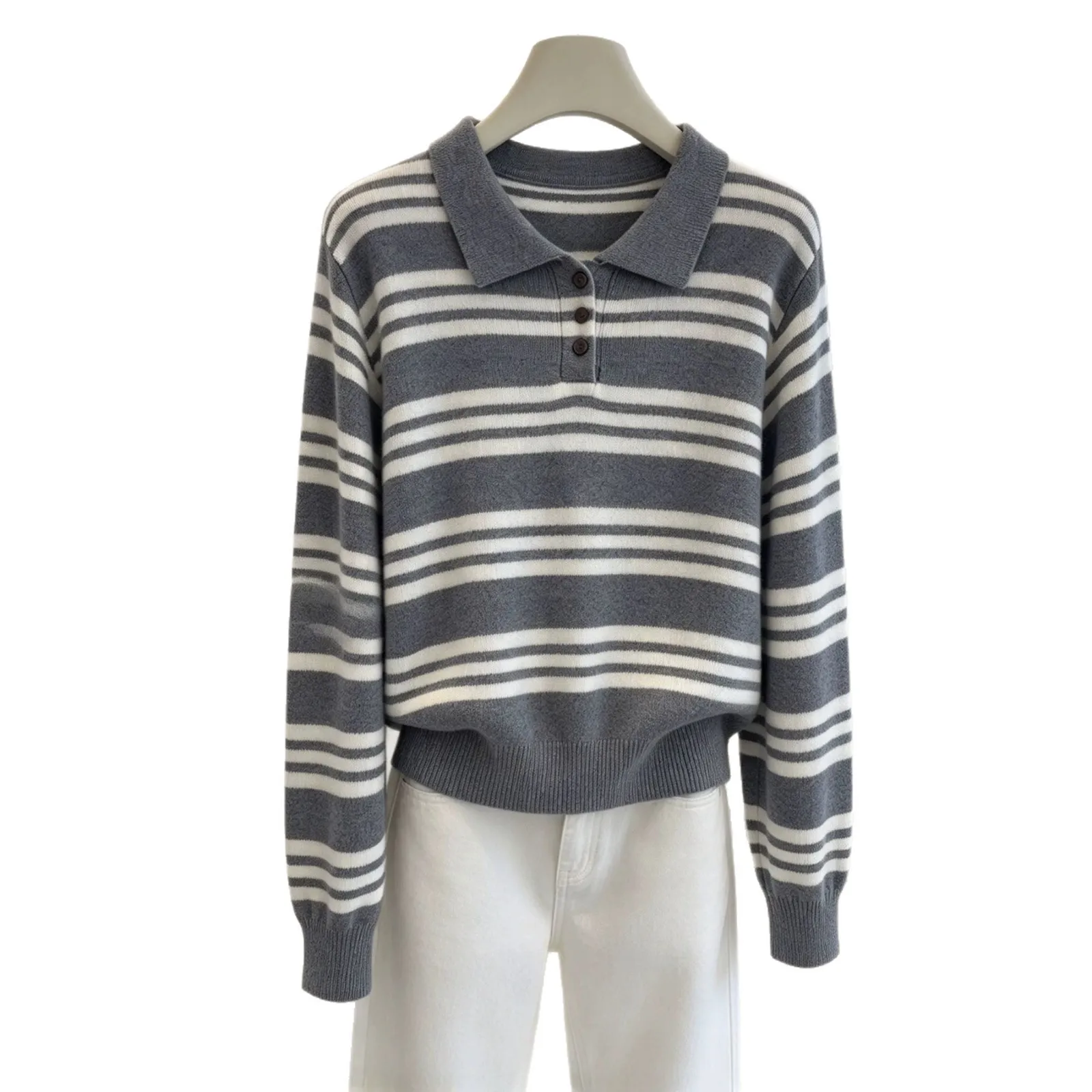 Casual Striped Top with Polo Collar Long Sleeve Regular Fit Single Breasted Button Front Hoodless Medium Weight Women T Shirt