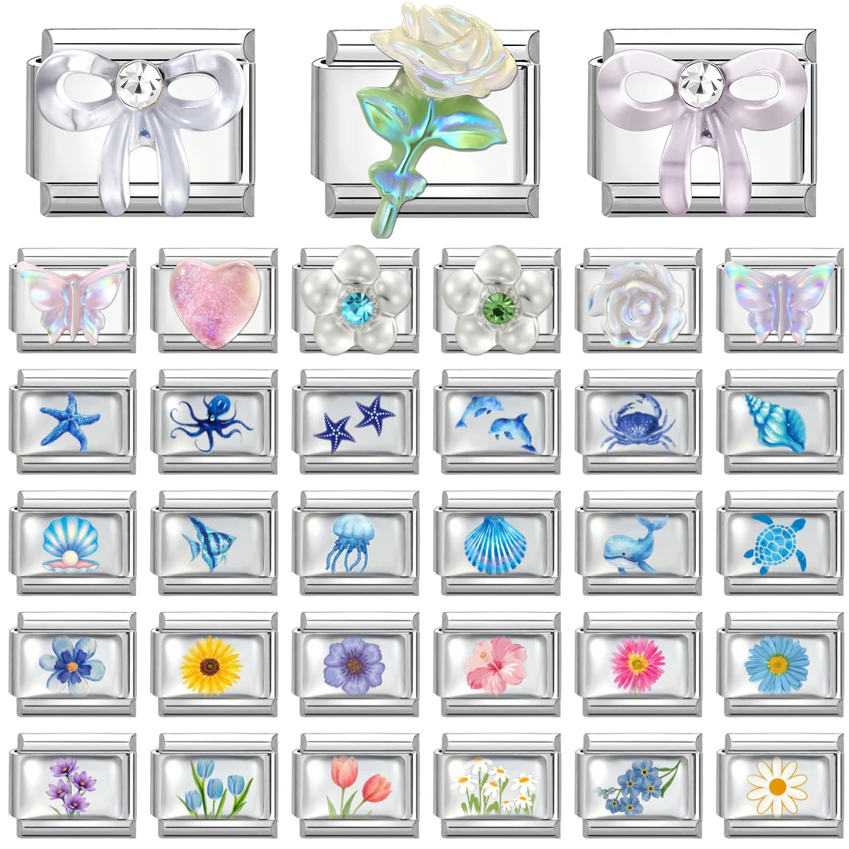 Y2K Bow Rose Flower Jellyfish Whale Charm Italian Charm Links Fit 9mm Bracelet Stainless Steel DIY Jewelry Gifts Wholesale