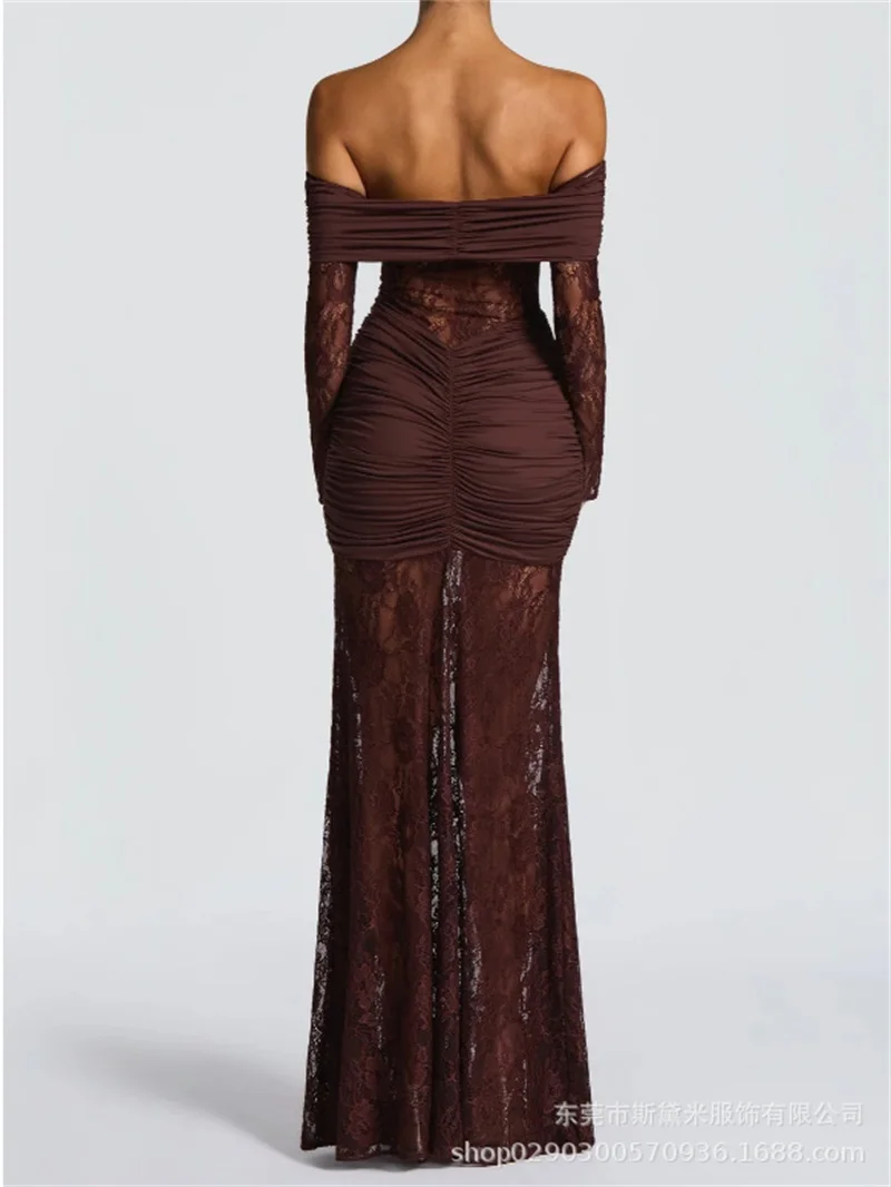 Vestido de fiesta de sirena de encaje Sexy para mujer, vestido de fiesta largo de manga larga con hombros descubiertos, vestido de noche Formal informal para vacaciones en la playa