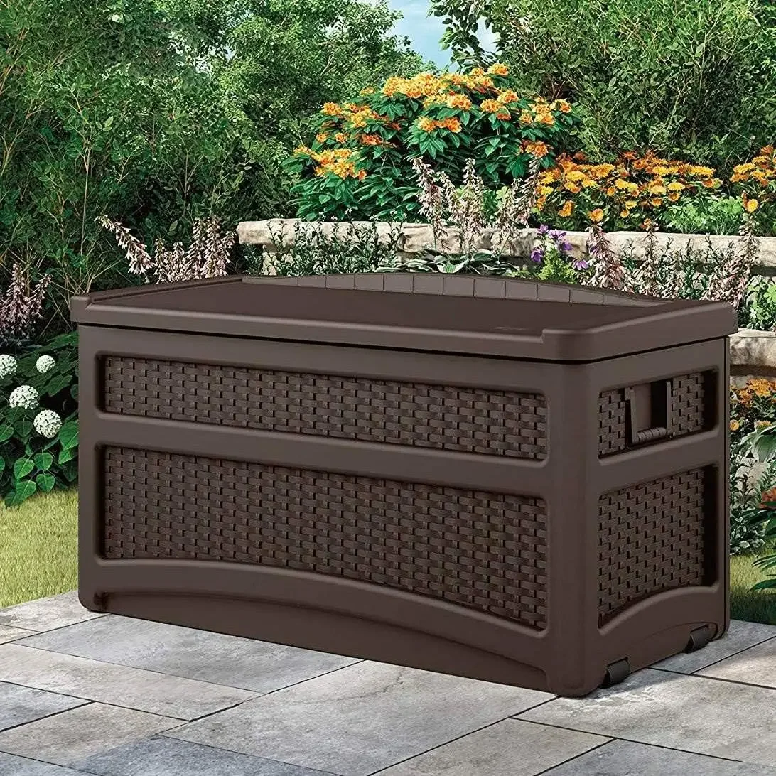 Durable 73 Gallon Outdoor Plastic Storage Chest with Handles, Wheels, and Seat for Patio, Garden