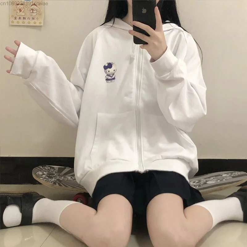 Sanrio Hello Kitty Campus College Style Hoodie Women\'s Y 2k Cute Anime Print Zipper White Sweatshirt Yk2 Japanese Zip Up Coat