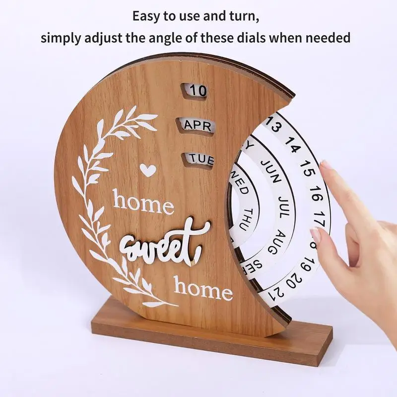 Wooden Perpetual Calendar Rotatable Time Record Card Reusable Disk Calendar Handicraft Wall Hanging Crafts Xmas Birthday Gift