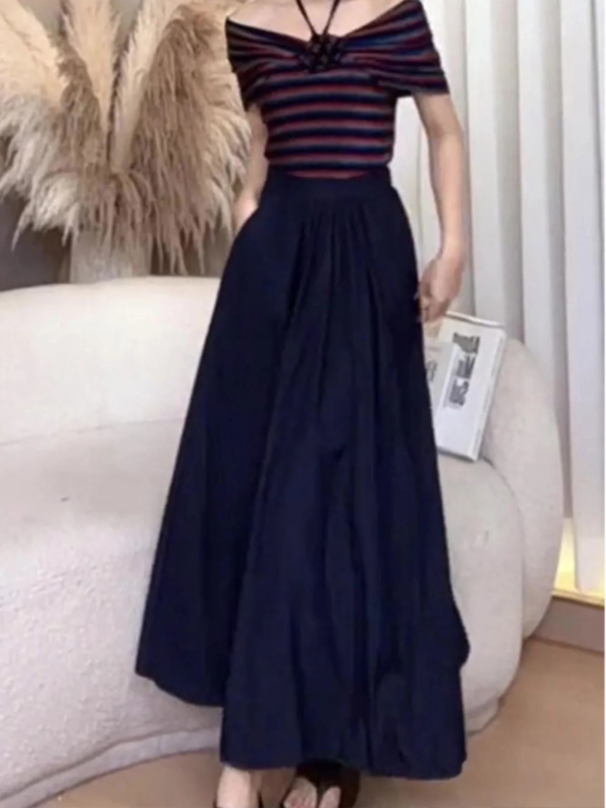 

Plus Size Faionable Korean Design Long Blue Midi Skirt Women's Summer New Simple High-End Umbrella Skirt High Waist A-Line Skirt