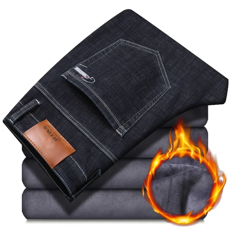 Men Winter Fleece Denim Jeans Straight Fit Stretch Jeans Smart Casual Pants High Quality Men Thicker Warm Black Jeans Trousers44