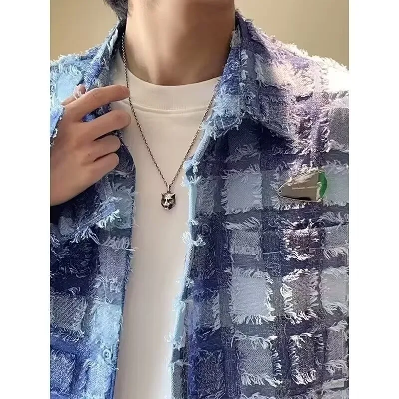 

Plaid burr long-sleeved shirt men's spring and autumn Harajuku style casual tide brand loose students lapel shirt cardigan