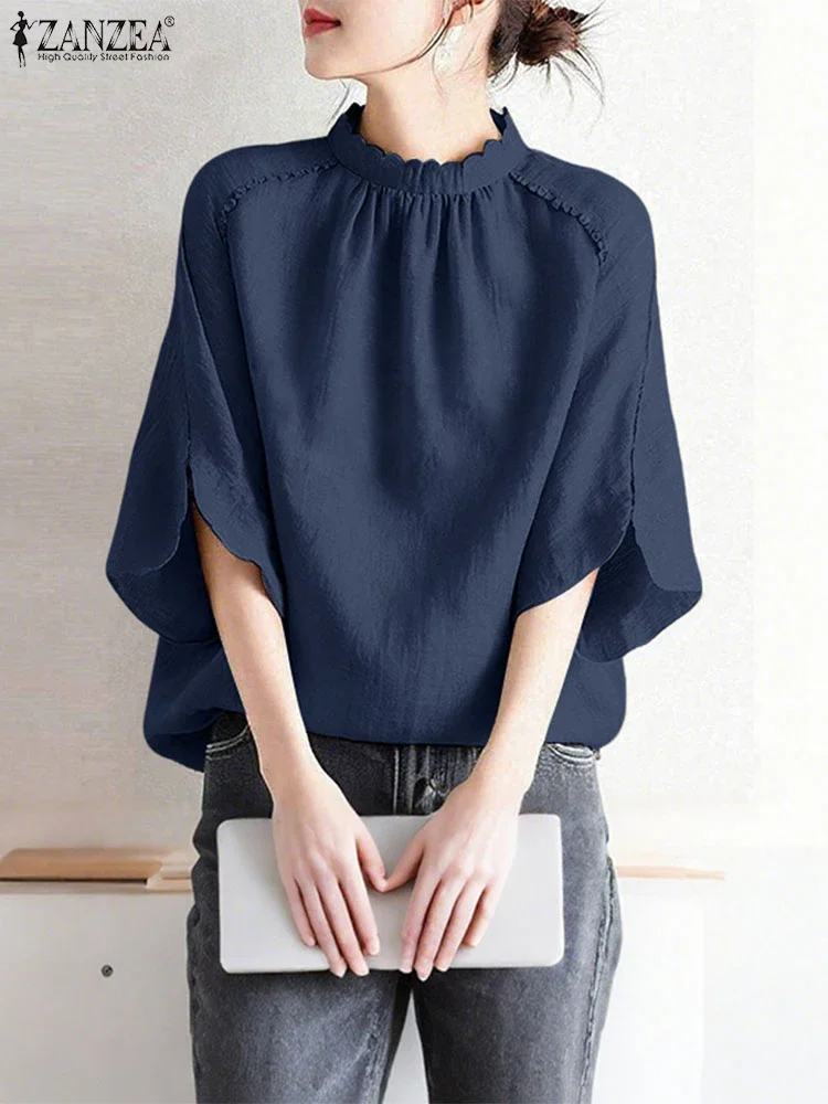 

Vintage Solid Color Elegant Work Tops Women Stand Neck Blouse ZANZEA 2025 Spring Pleated Blusas Casual Loose 3/4 Sleeve Tops