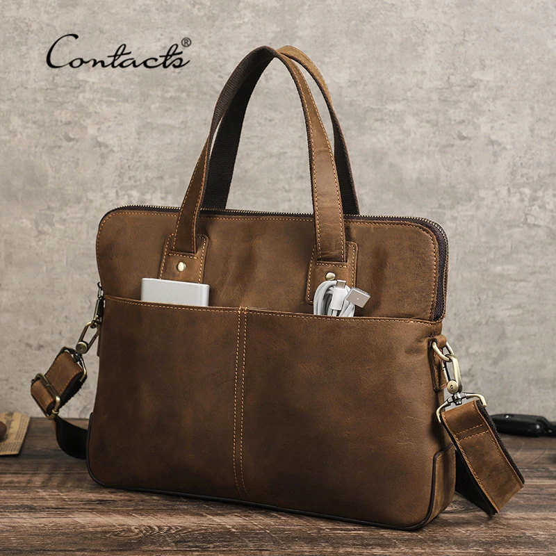 CONTACT\'S Genuine Leather Men Briefcase Vintage Laptop Handbag Casual Shoulder Bag Large Capacity Messenger for Macbook 13\'\'16\'\'