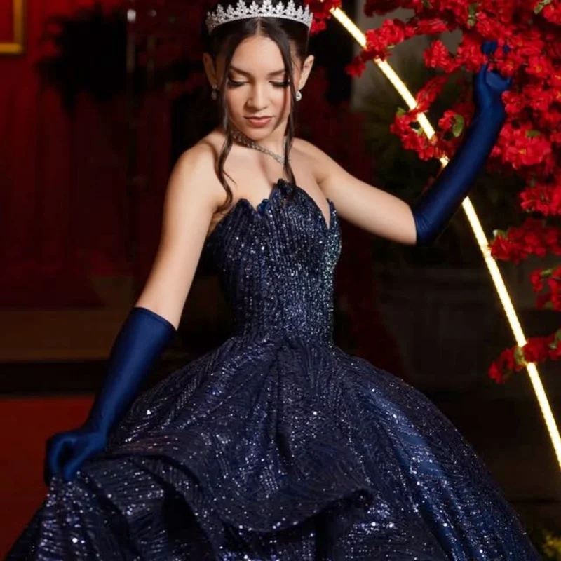 

Shiny dark blue Quinceanera Dress Glitter Decal Lace layering off-shoulder Long tail Vestidos De 15 Quinceanera ﻿Customize