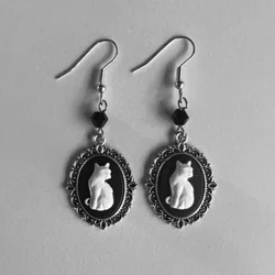 Vintage Gothic White Cat Raven Pattern Drop Earrings Women Punk Silver Color Frame Creative Earrings Party Jewelry Accessories
