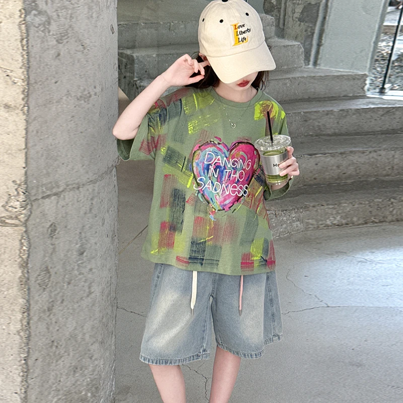 

Girls Two Pieces Clothes Set Kids Short Sleeve T-Shirt Mid-Length Trousers Sets Teen Clothing Sets T-Shirt & Denim Size 4-14Y