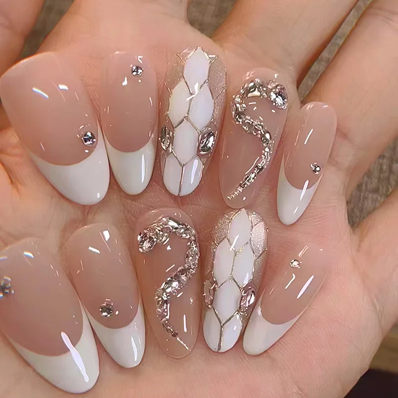 

24pcs White French Tip Press-On Nails with Silver Snake & Diamond Rhinestones, Long Almond Shape, Assorted Sizes