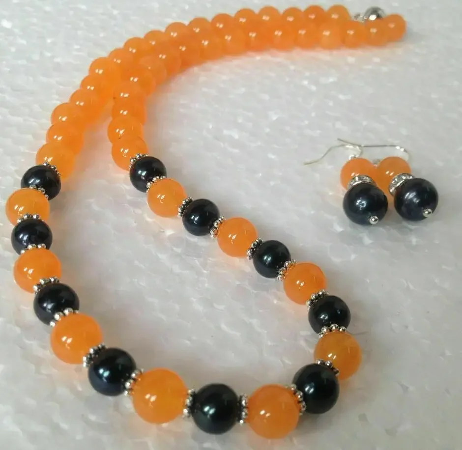 

7-8mm Black Pearl / orange jade gem Beaded Necklace + Earring Set