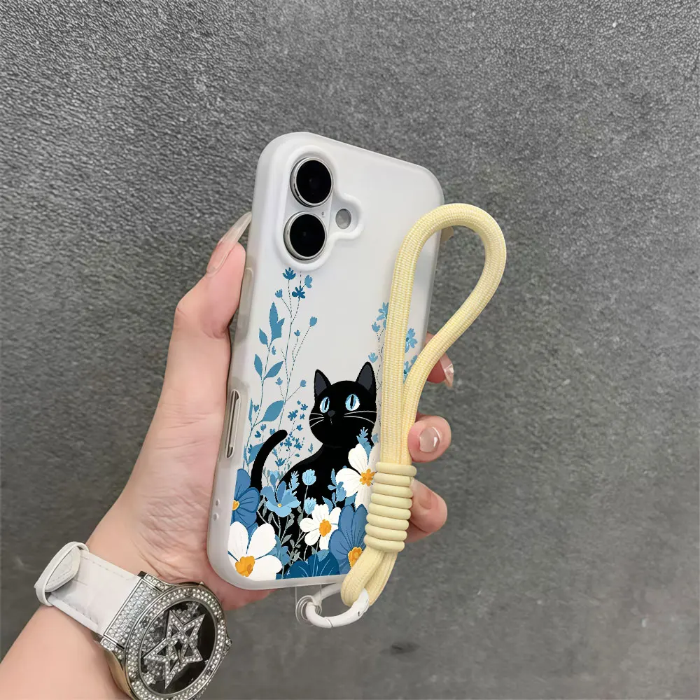 Cat Cute Floral Korean Phone Case For Samsung Galaxy S26 S25 S23 S22 S24 FE Ultra Plus A35 A34 A54 A37 Lanyard Wrist Strap Cover view 3