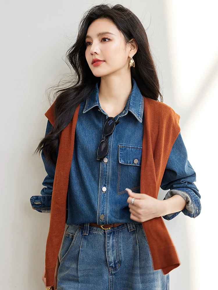 2024 Autumn New Denim Shirt Women Fashion Long Sleeve Jean Shirt Korean Casual Loose Turn-down Collar Blouses