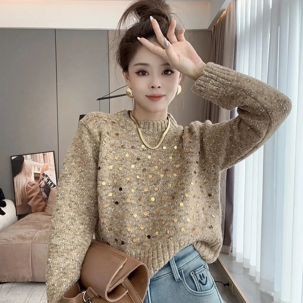 Fashion Sequin Women Sweater O Neck Loose Simple Chic Short Pullovers Korean Casual Long Sleeve Tops New Ladies Elegant Jumpers