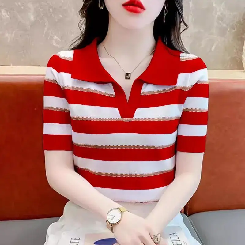 Summer Women\'s Turn-down Collar Pullover Short Sleeve Contrast Color Striped Thin Sweater Knitted T-shirt Minimalist Tops