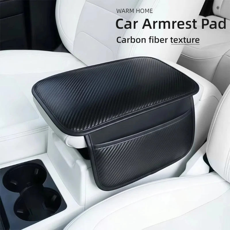 1PC Carbon Fiber Texture PU Leather Car Armrest Box Pad, Wear-Resistant and Non Slip, with Storage Bag, Car Interior Accessories