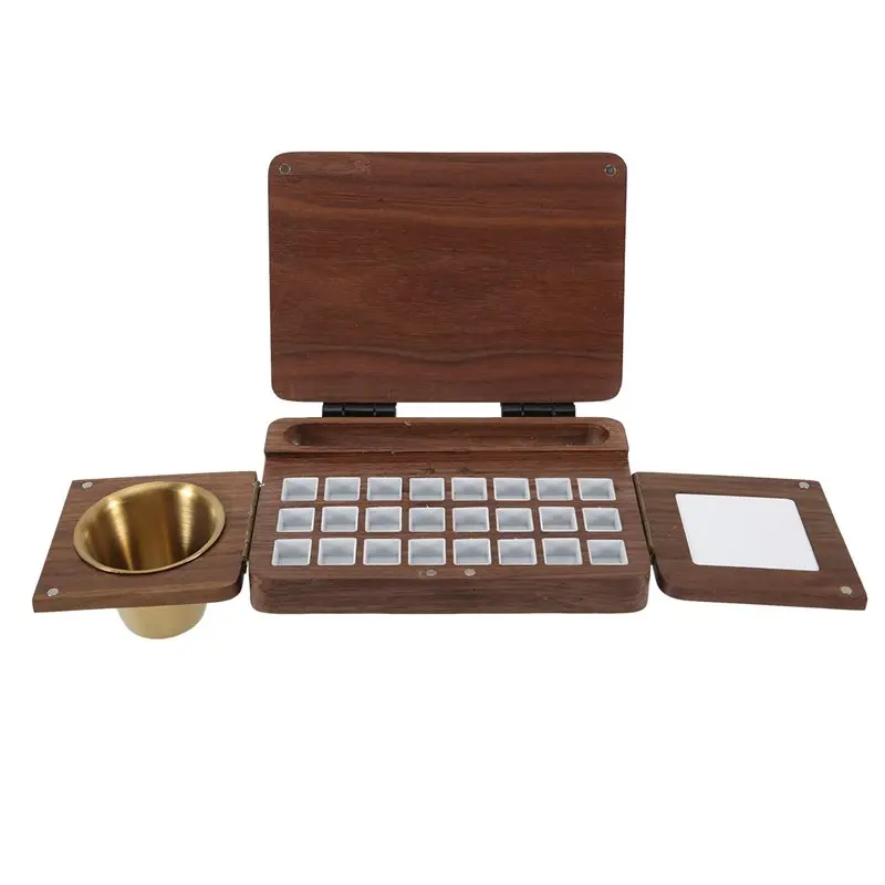 Exquisite-24 Grid Wooden Watercolor Palette Walnut Wood Travel Watercolor Palette Foldable Empty Palette Box Paint Tray