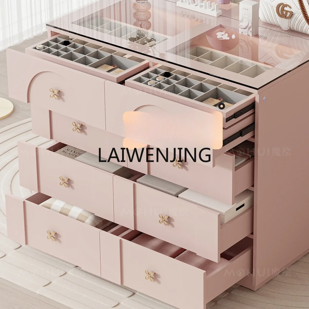 MJY Nakajima Taiwan Jewelry Integrated Eight-bucket Storage Bedroom Pink Dressing Cabinet