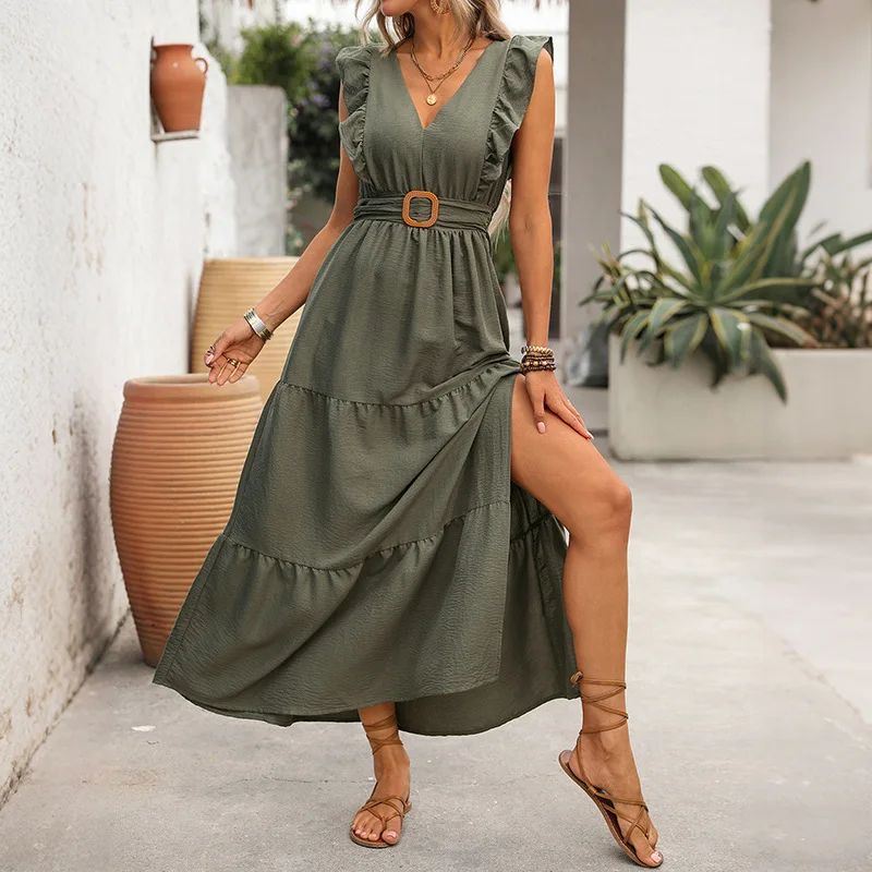 

Women's Elegant Split Deep V Neck High Waist Petal Sleeve Slit Dress Casual Holiday Beach Party Long Dress