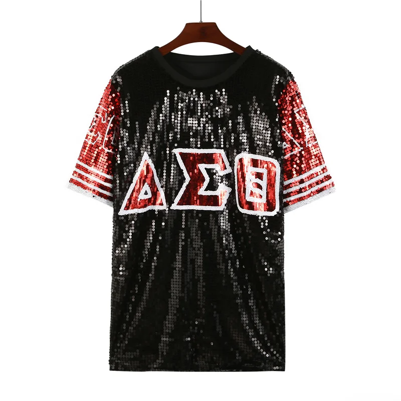 

Women's Summer Letter Streetwear Contrast Color Patchwork Sequined Short Sleeve T-Shirt Round Neck Loose Hip Hop Night Club Wear