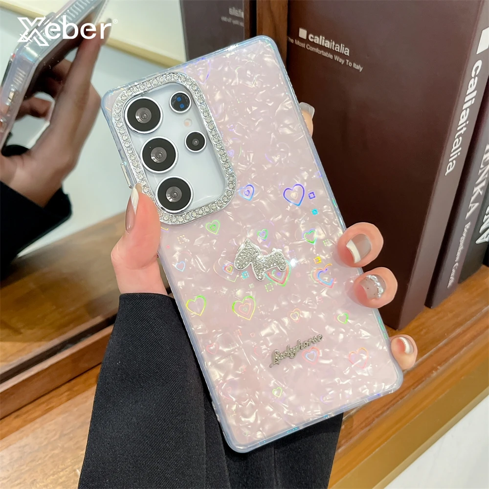 Luxuriöse Glitzer-Strass-Kamera-Rahmenhülle mit Laser-Herzmuster für Samsung Galaxy S26 S25 S24 Ultra Plus S25 Edge Cover