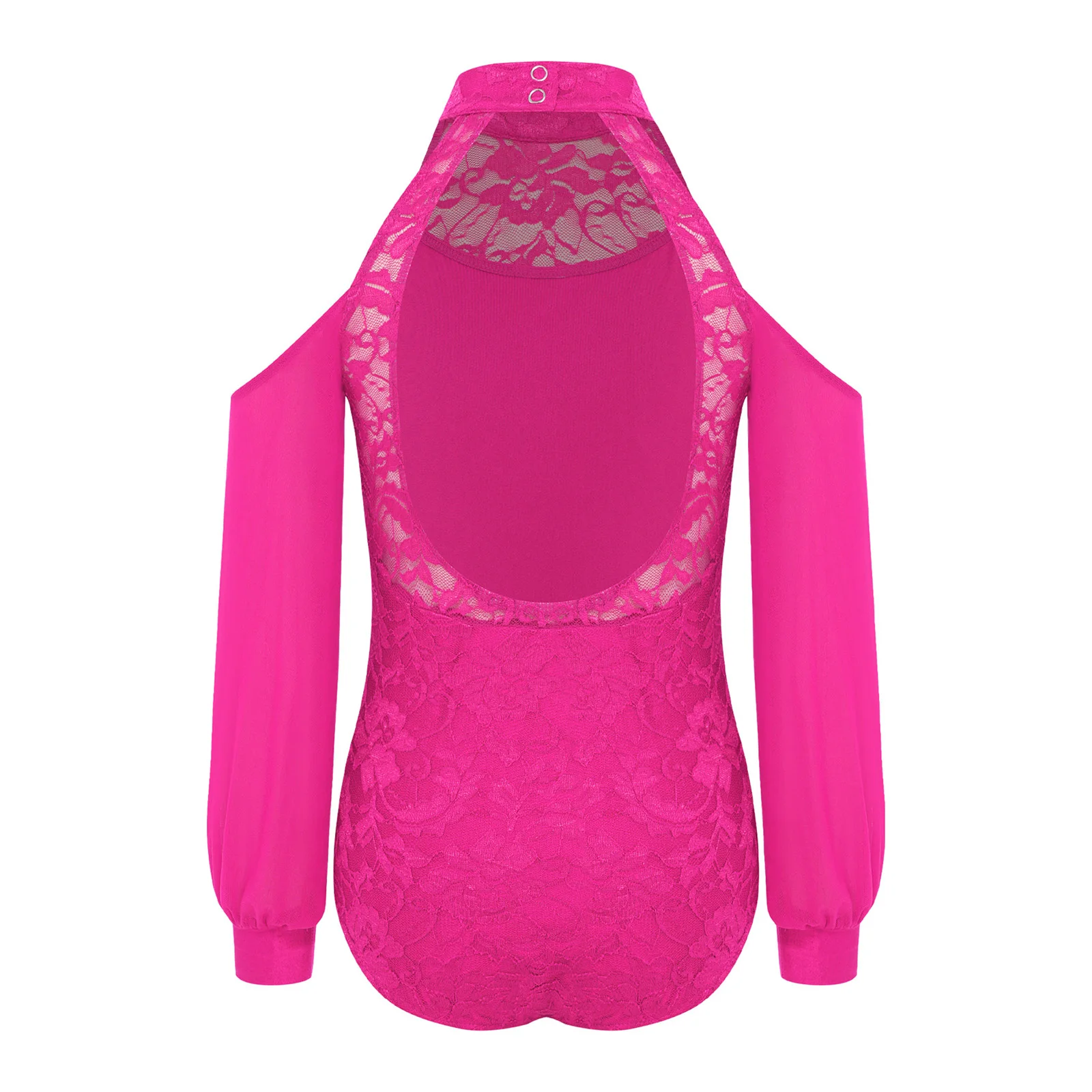 Ragazze Ginnastica Allenamento Balletto Body Pizzo Pattinaggio di Figura Costume Spalla Fredda Maglia Trasparente Maniche Lunghe Yoga Unitard Body