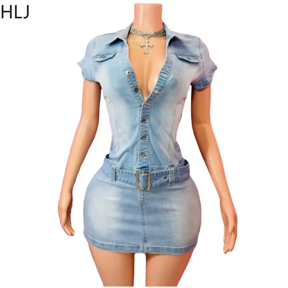 HLJ Fashion Denim Bodycon Mini Dresses Women V Neck Short Sleeve Slim Vestidos Summer New Cowboy Stretchy Streetwear Dress 2025
