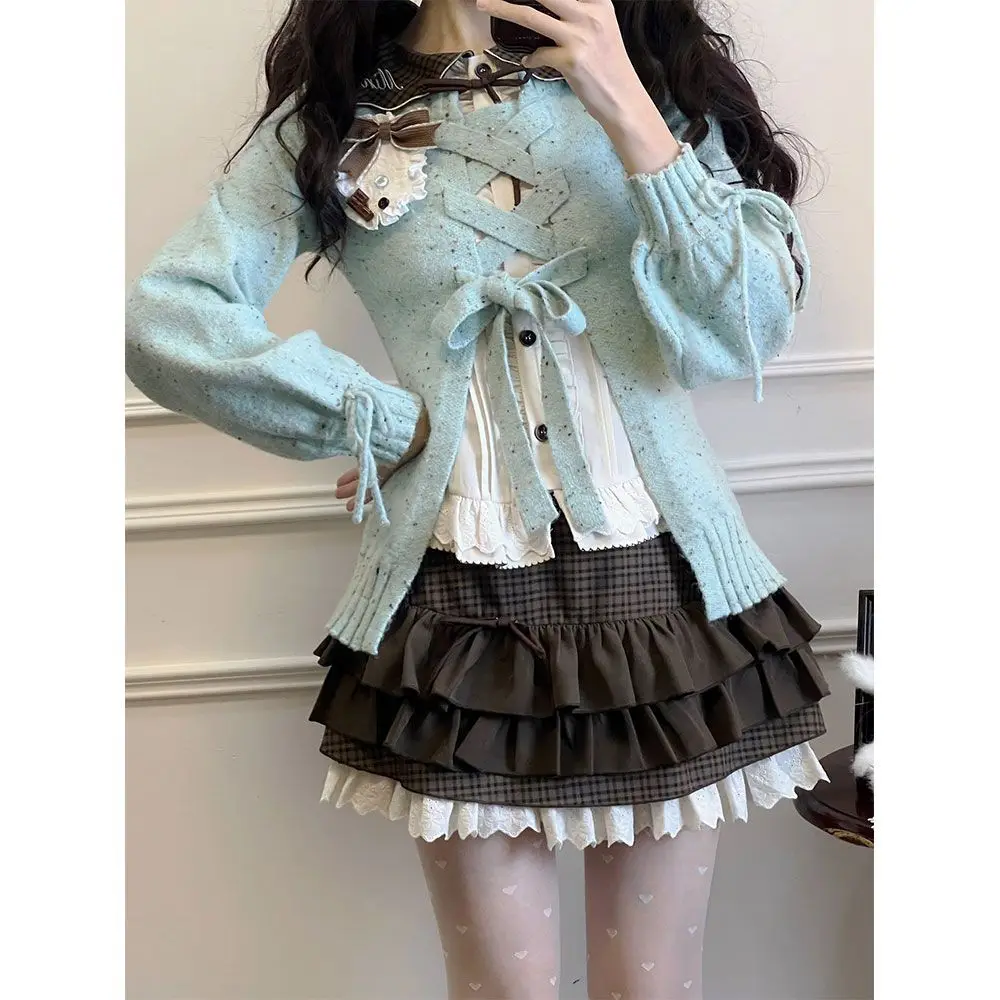 Japanese Sweet Lolita Cardigans Women Y2k Aesthetic Hollow Out Bandage Sweater Kawaii Bow Pocket 2024 Casual Streetwear JK Tops