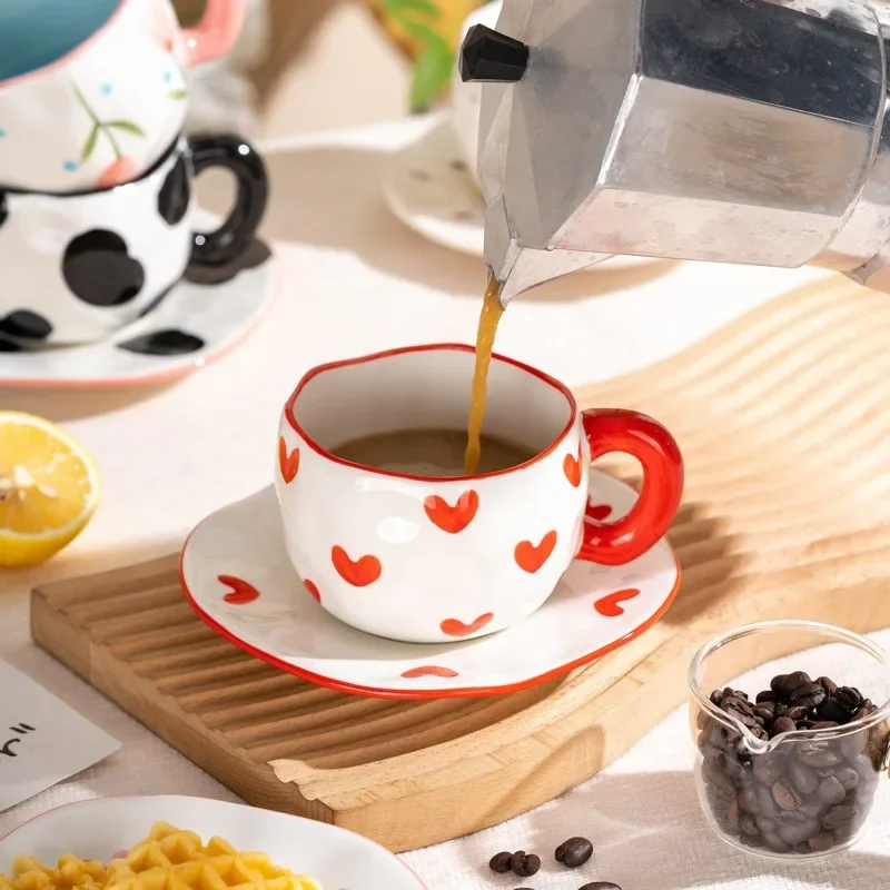 300ML Korean Style Hand Pinched Irregular Ceramic mug Hand-painted Flower Heart Coffee Cup Breakfast Milk Afternoon tea cup Gift