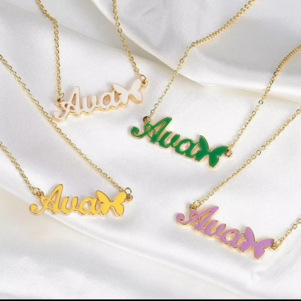 

Custom Colorful Name Necklaces Enamel Heart Butterfly Necklace Stainless Steel Pendant Personalized DropOil Name Jewelry Women