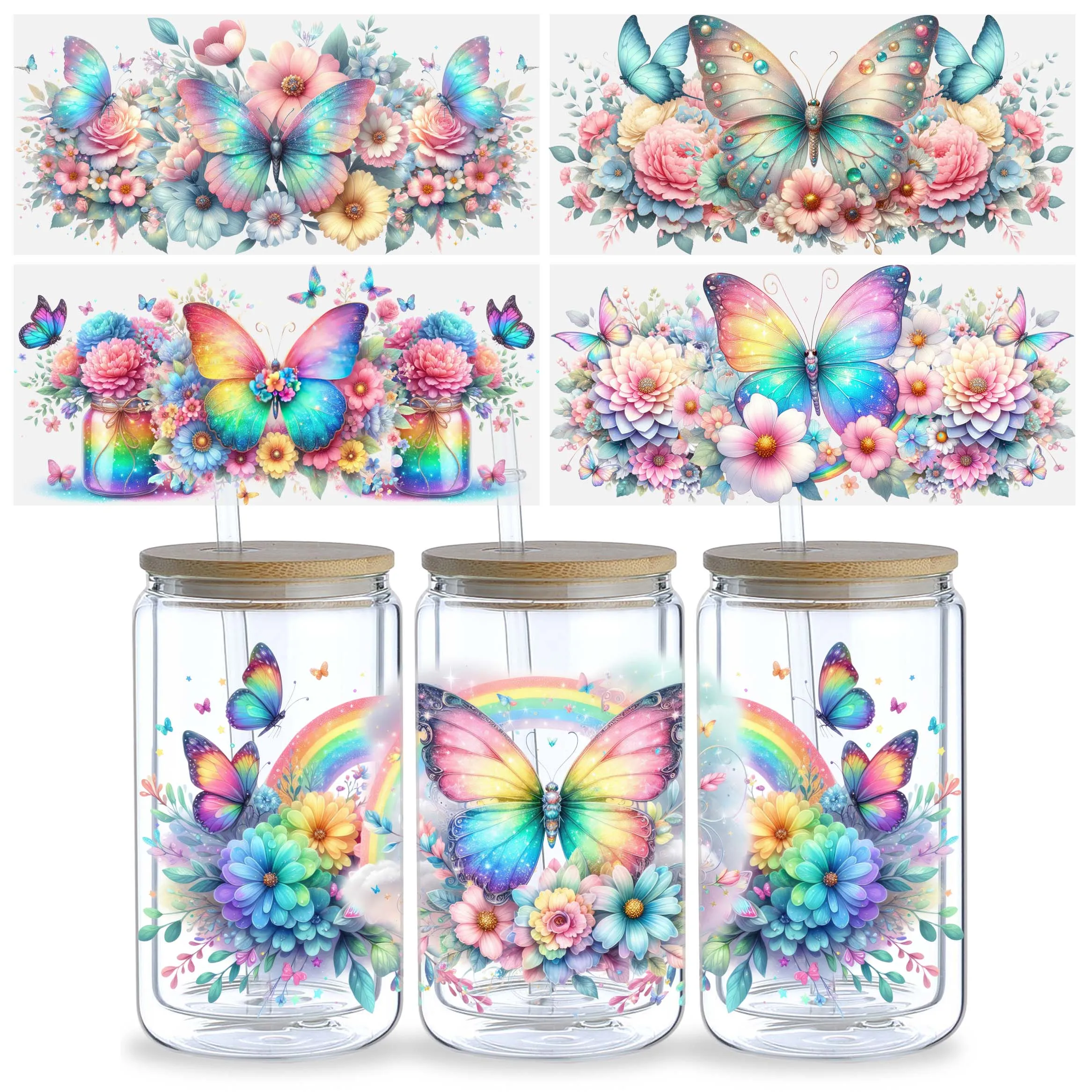 5sheets Butterfly Pattern UV DTF Cup Stickers, Waterproof Sticker Pack For Decorating Mugs, Cups, Bottles, School Supplies, Etc