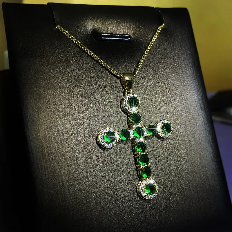 Women Emerald Cross Pendant Vintage 18k Gold Real Gold Chains Collar Necklace Collares Goth Valentines Day Gifts Crystals