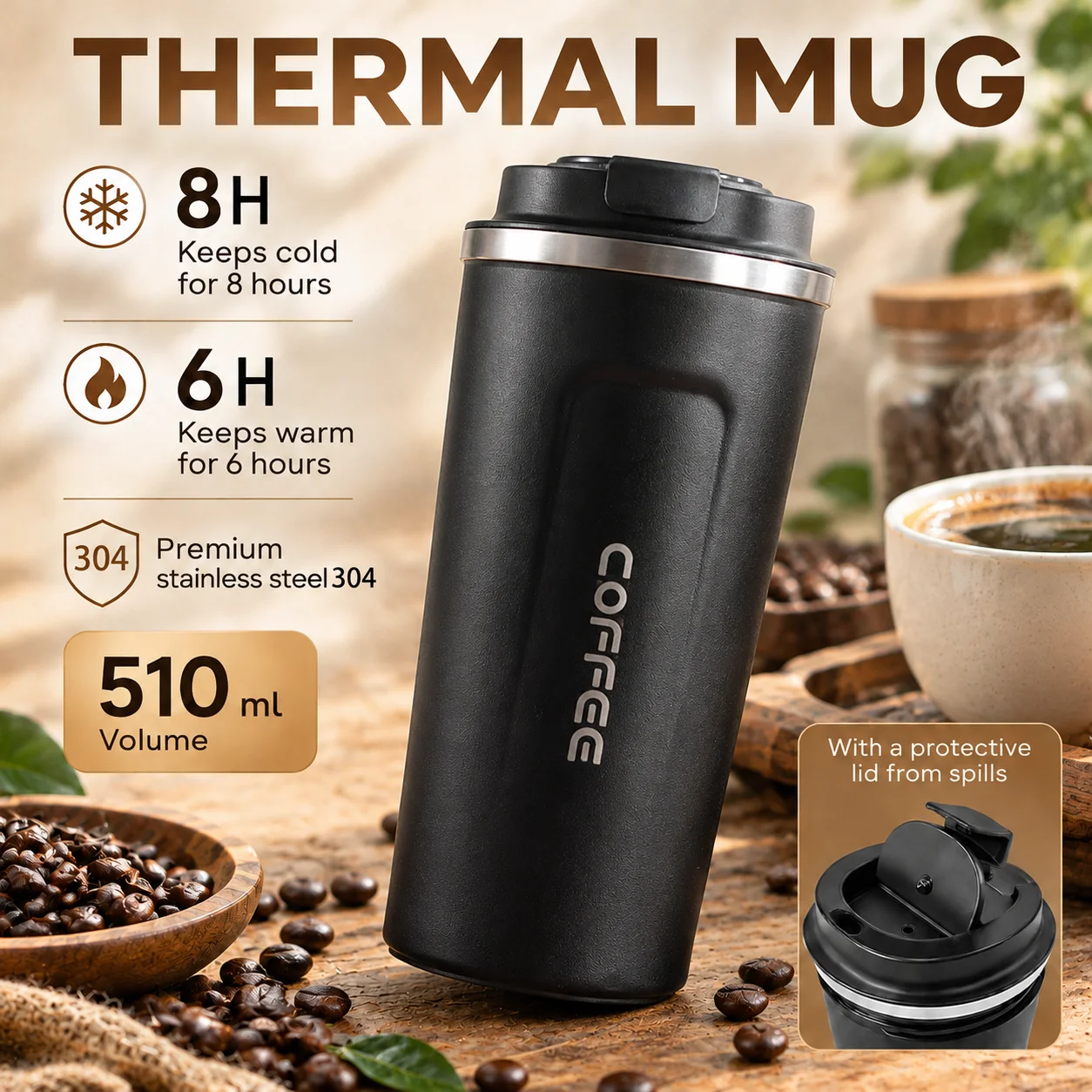 380ML/510ML Stainless Steel Thermo Bottle Sports Water Bottle Car Coffee Cup Vacuum Flasks Keeps Cold and Heat Thermal Mug