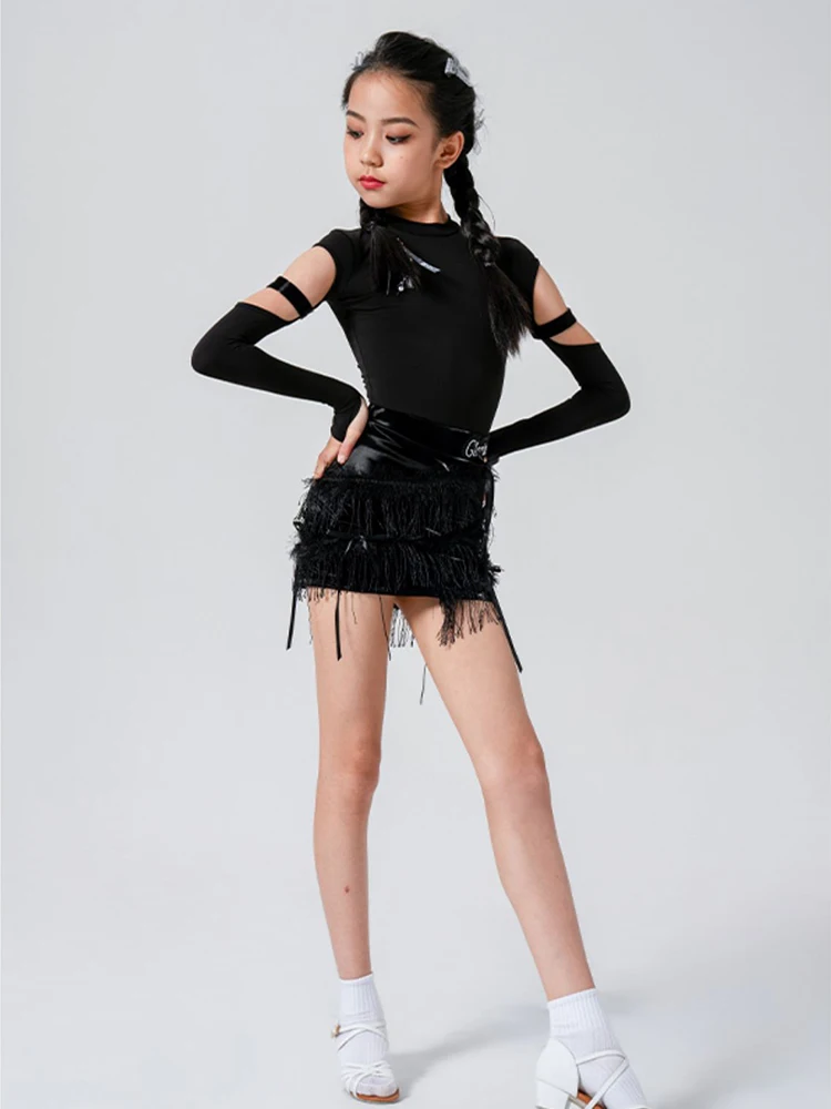 2024 Latin Dance Practice Costume Girl's Black Long Sleeve Tops Tassel Skirt Set Samba Performance Clothes Stage Costume XH1596