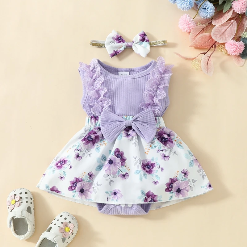 

Baby Girls Summer Romper Dress Infant Sleeveless Floral Print Patchwork Romper with Headband