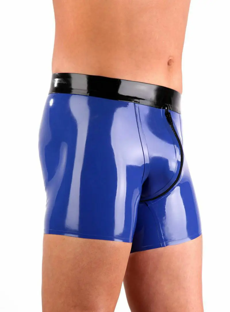 

Blue latex flat angle pants with trimmed men's underwear crotch zipper customized for fashion