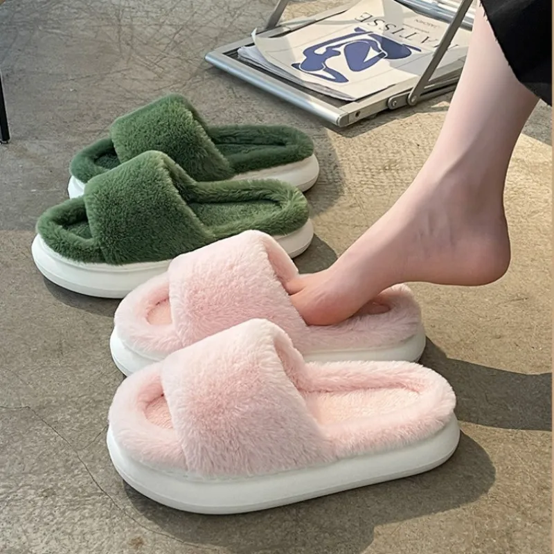 2022 New Women Slippers Autumn and Winter Fur Slippers Indoor Household Slippers Soft Bottom Solid Color Home Cotton Slippers