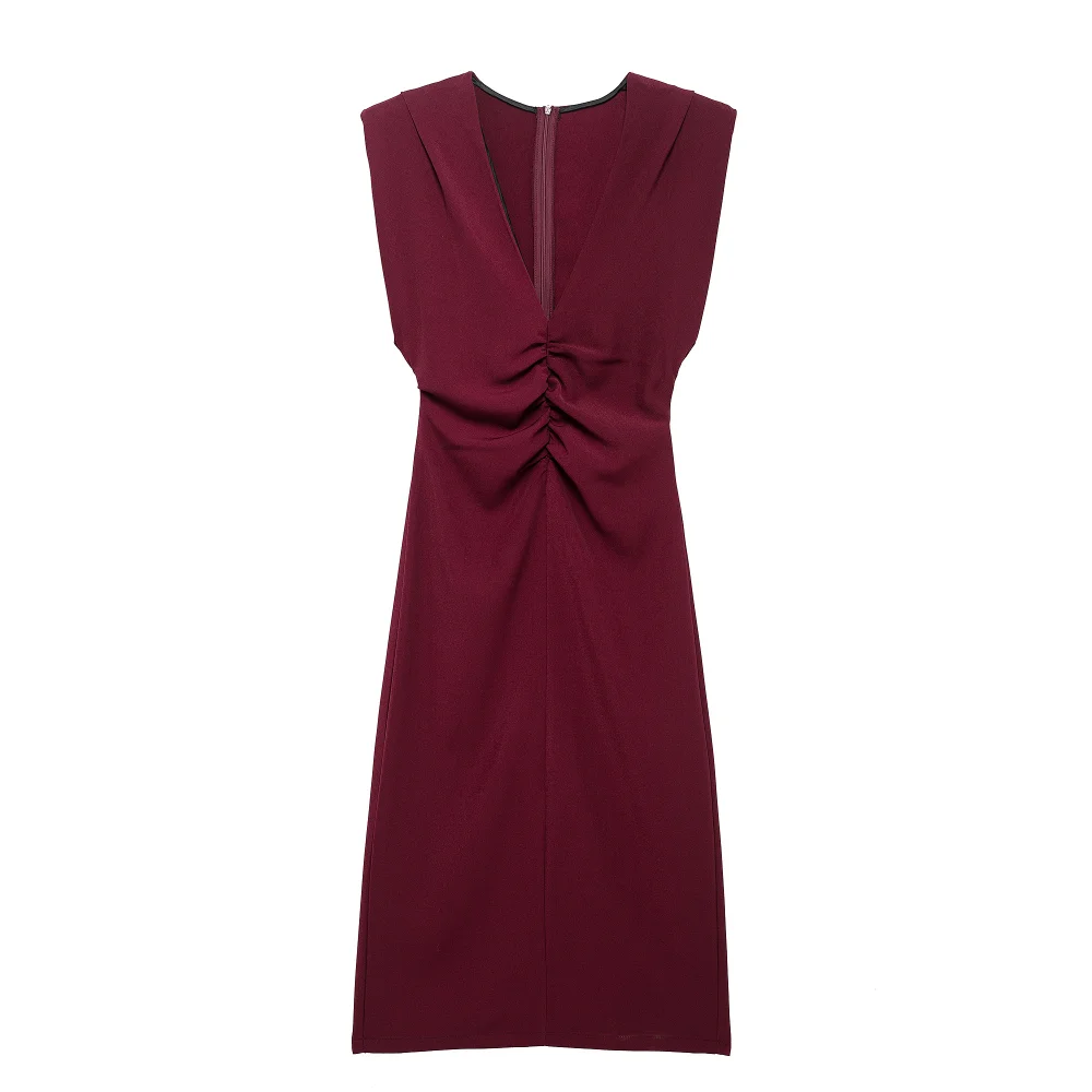 

2025 BM&MD&ZA Women's Sleeveless Burgundy Dress with Deep V - neck and Ruched Detail for an Elegant Look