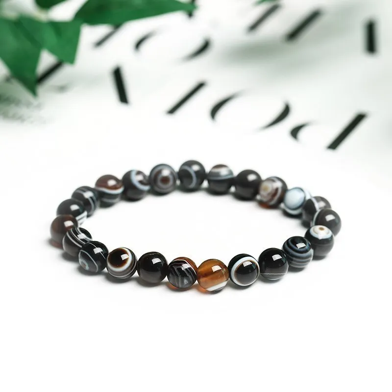 JD 7A Natural With Eyes Black Agate Bracelet  6 8 10 12 14MM Pick Size Jewelry Natural Black Stripe Agates Stone Beads Bracelet