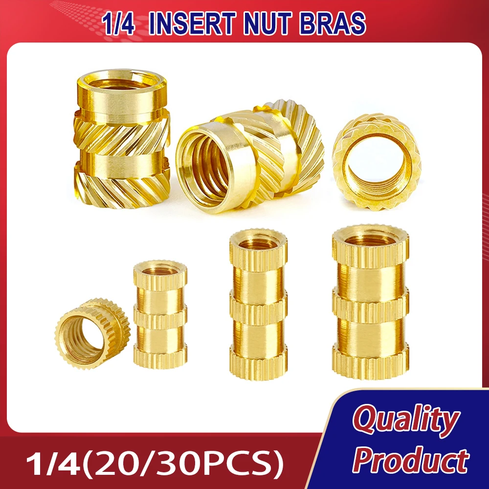 20/30PCS 1/4  Insert Nut Brass Threaded Heat Inch Size Knurled Hot Melt Molding Injection Embedded Insertion Nut for Plastic