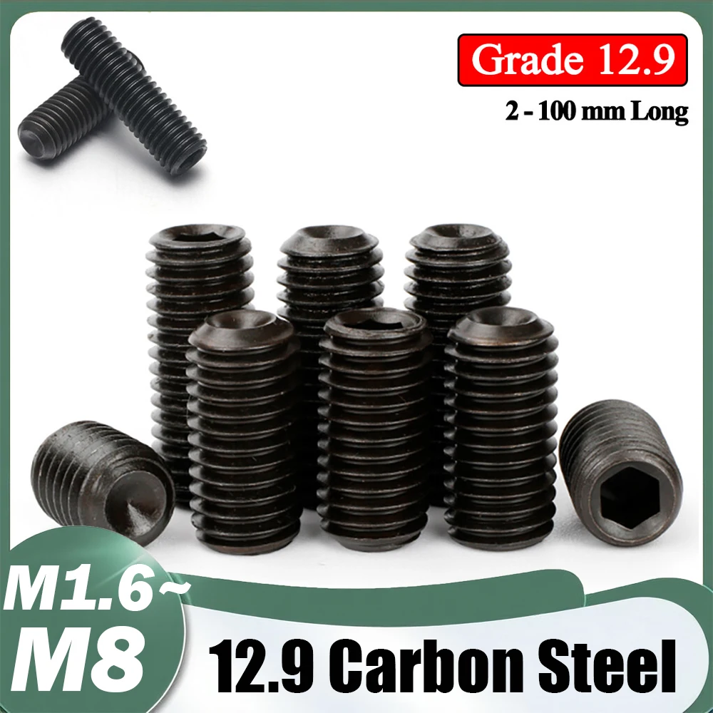 20pcs DIN916 304 Stainless Steel Grade 12.9 Carbon Steel Hex Socket Set Screws Grub Screw Bolt M1.6 M2 M2.5 M3 M4 M5 M6 M8