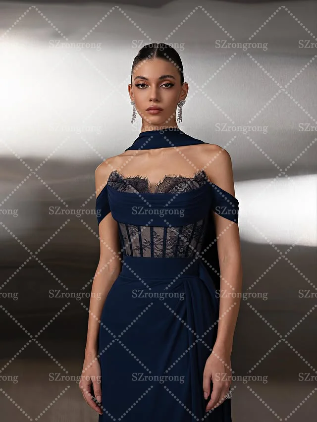 Custom Made Graceful Boat Colalr Pleated Sheath Formal Evening Party Gown Backless Lace Long Bridal Prom Dress with Sweep Cout