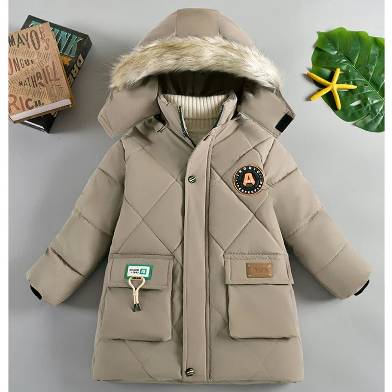 3-10Years Winter Keep Warm Boys Jacket Thick Solid Color Fur Collar Detachable Hat Hooded Coat For Kids Children Outerwear